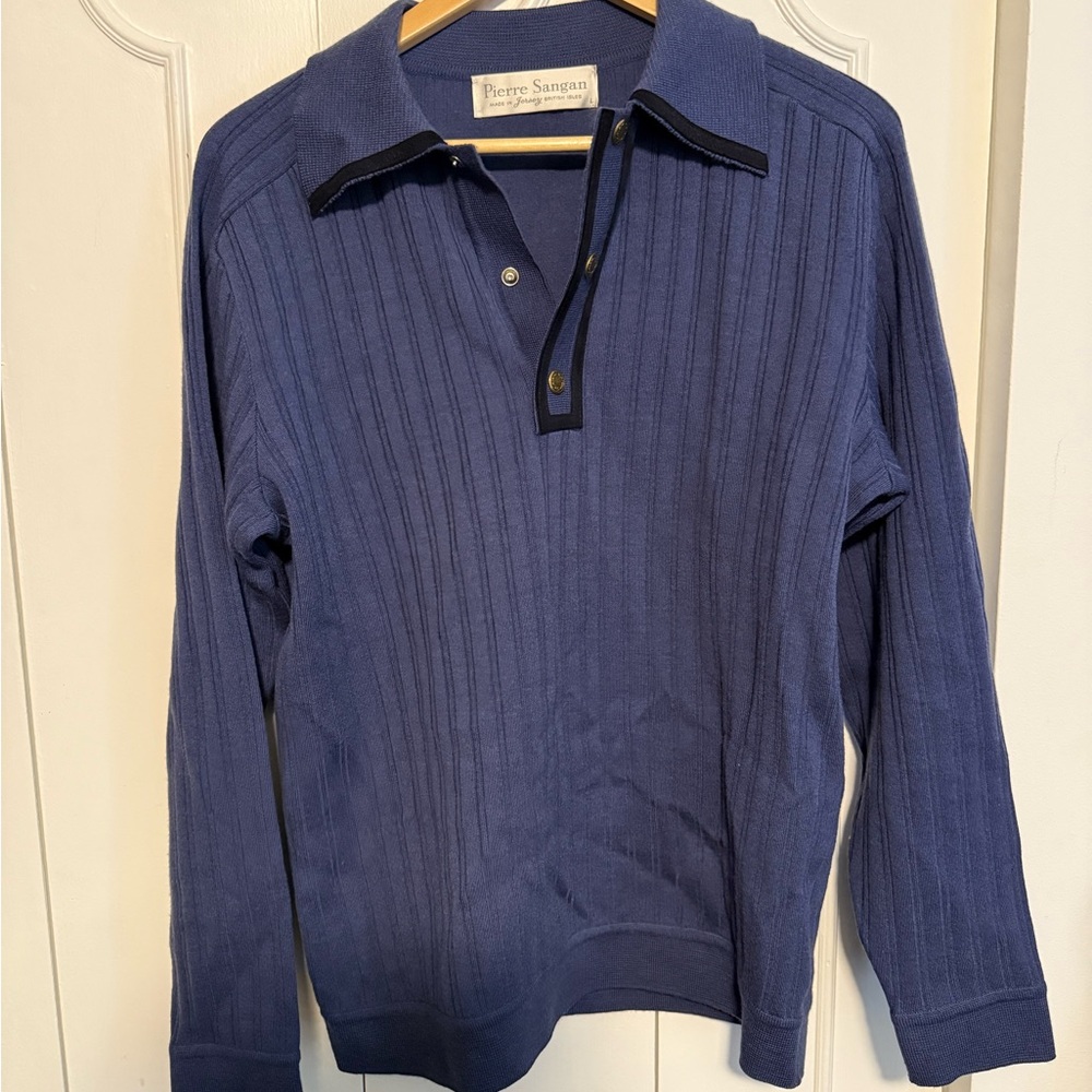 Pierre Sangan made in jersey British virgin isles V-Neck Navy Sweater wool